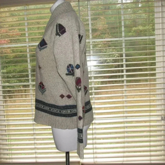 WOOLRICH Vintage 90s Shawl Collar Wool Blend Geometric Knit Sweater Size Large - Picture 3 of 5